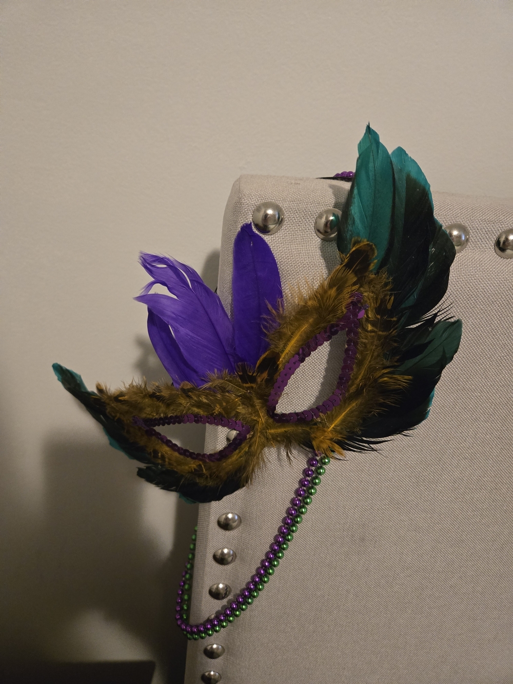 Feather Mardi Gras Mask & 2 Necklaces - Purple & Green